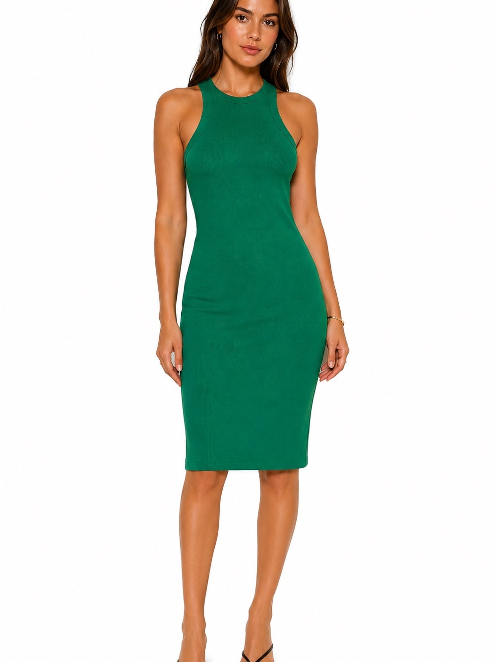 Emerald Green Sleeveless Bodycon Midi Dress LCW Casual Halter Neck